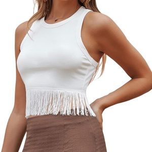 loerns Solid Sleeveless Racerback Fringe Hem Rib Knit Crop Tank Top